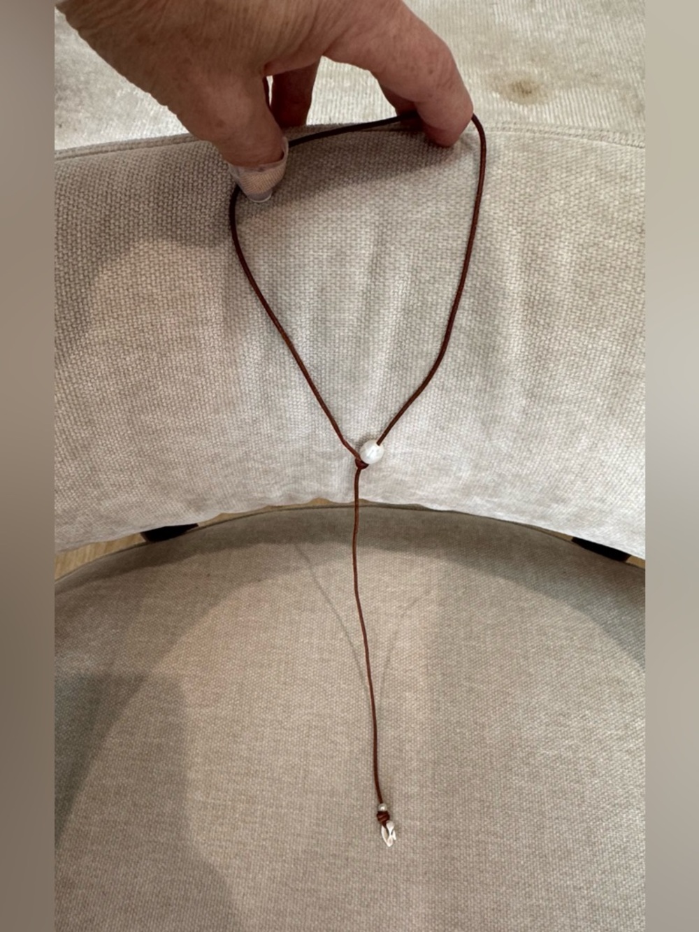 Brown Leather Lariat Necklace with Pearl Accent